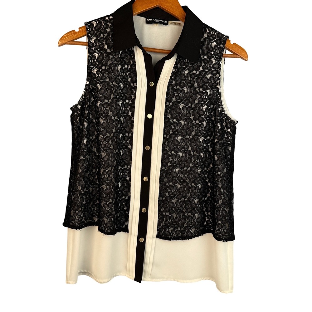 Karl Lagerfeld Paris Small Lace Sleeveless‎ Blouse Black White Button Front Work